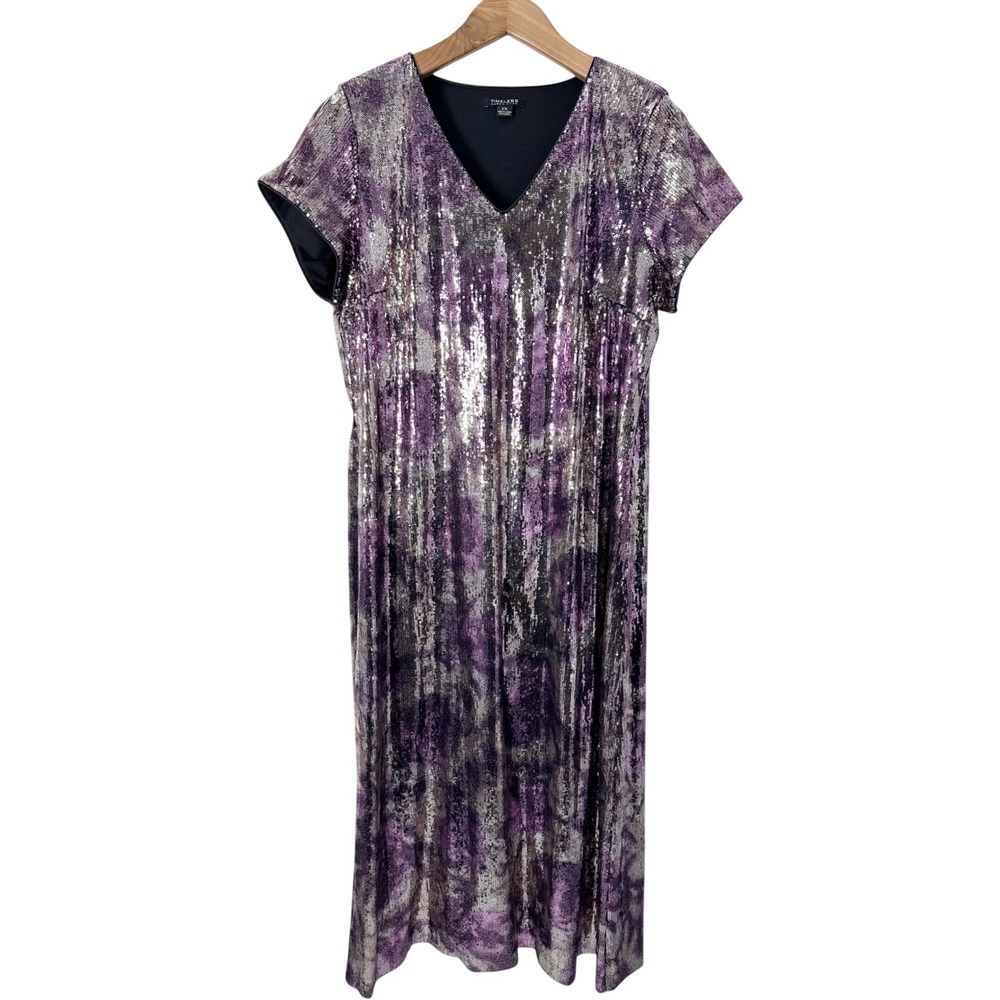 Timeless Naeem Khan Short Sleeve Sequin Silver Purple Maxi Dress Women's Size 1X